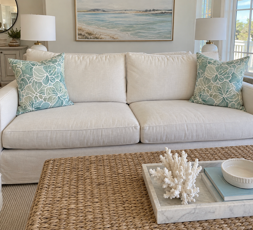Blue and green floral accent throw pillow styled with neutral cushions.