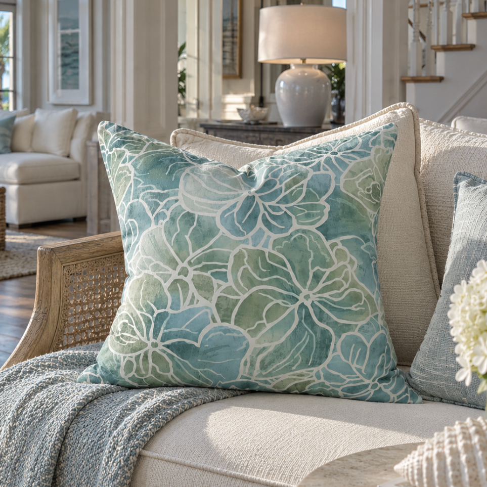 Blue and green floral pillow adding a coastal touch to a light living room