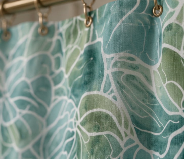 Blue and green floral shower curtain for elegant beach house bathroom decor