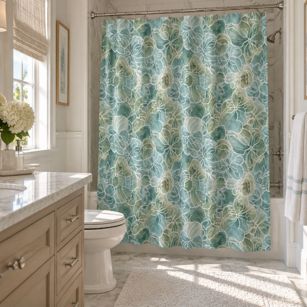 Blue and green floral shower curtain for a coastal bathroom