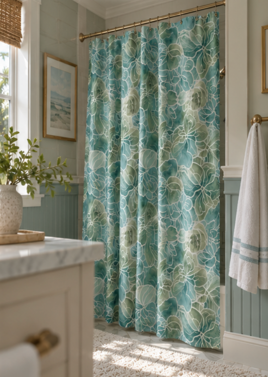 Blue and green floral shower curtain for an elegant coastal bathroom