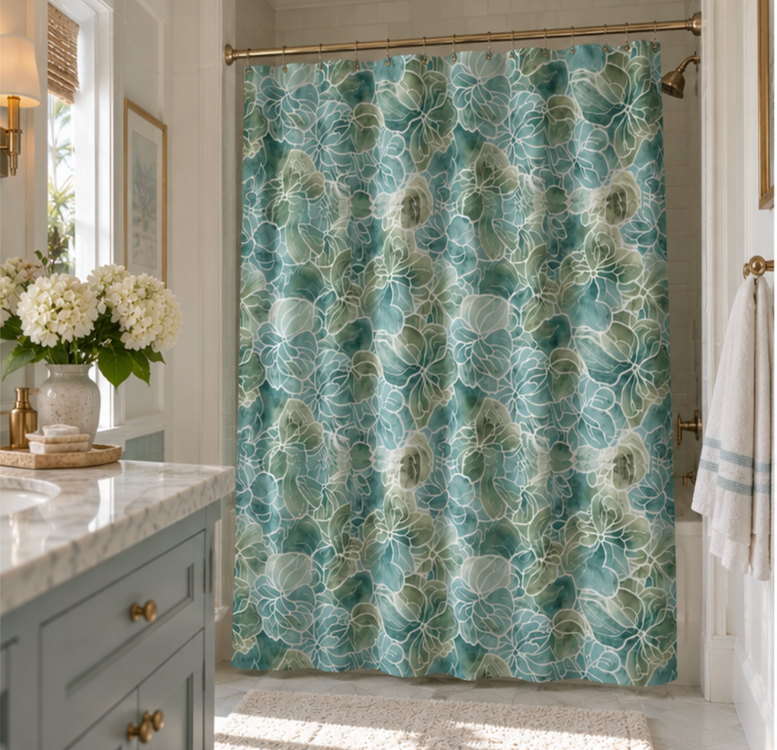 Blue and green floral shower curtain for a modern coastal bathroom