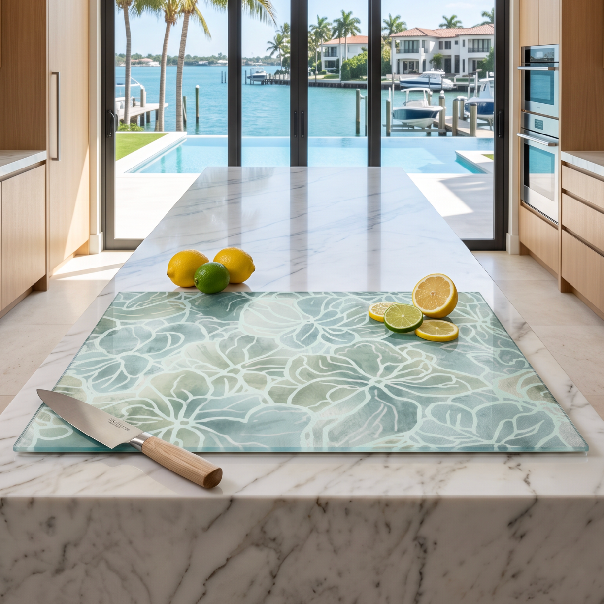 Seafoam floral glass board that adds soft coastal color to kitchen countertops and food prep areas.