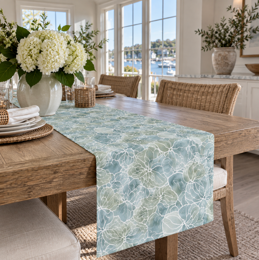Blue and green floral hydrangea table runner for an elegant coastal dining room