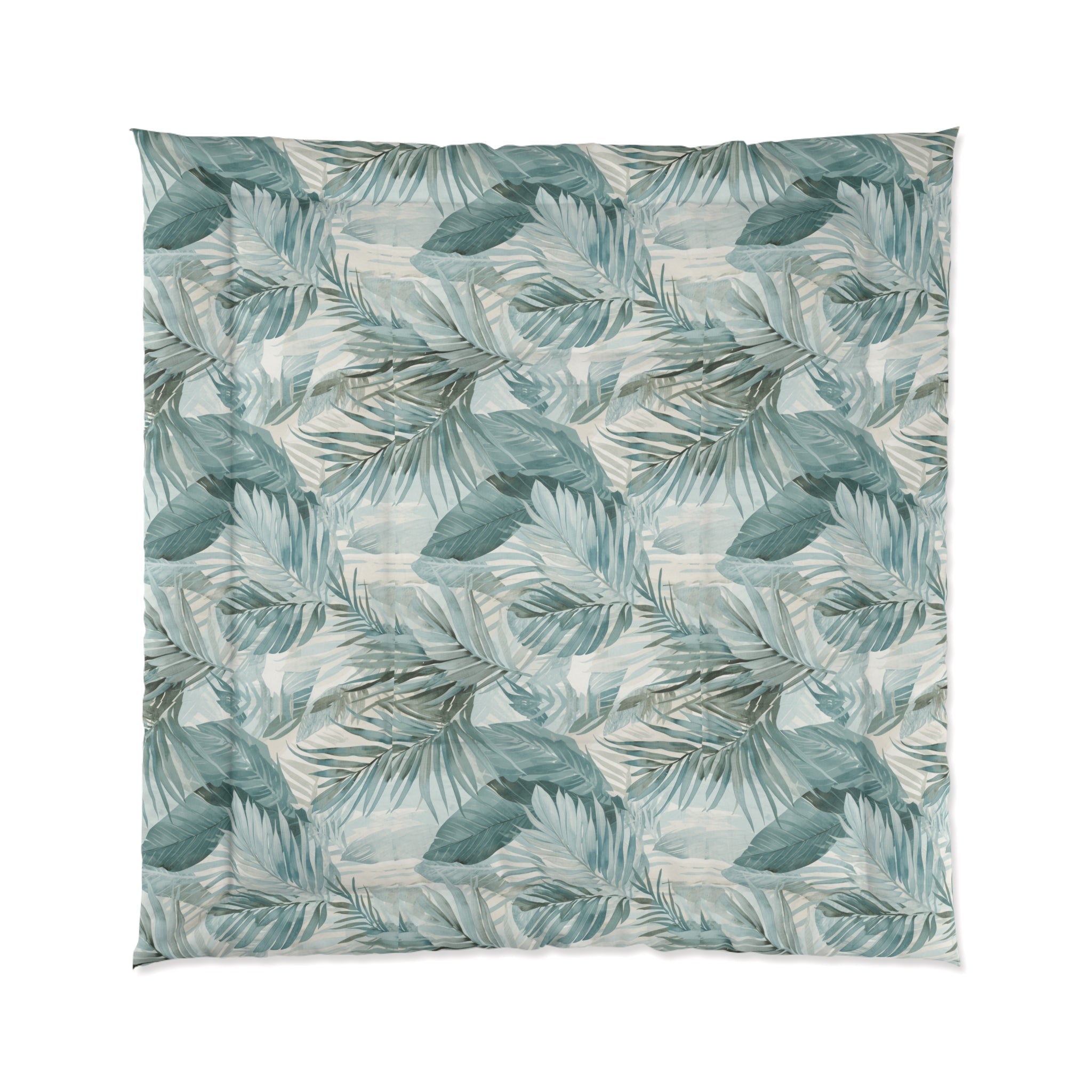 Blue and green palm tropical comforter set for a light and airy coastal guest room