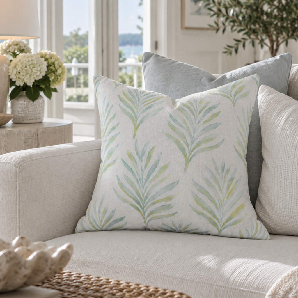 Blue and green palm leaf throw pillow for coastal home decor