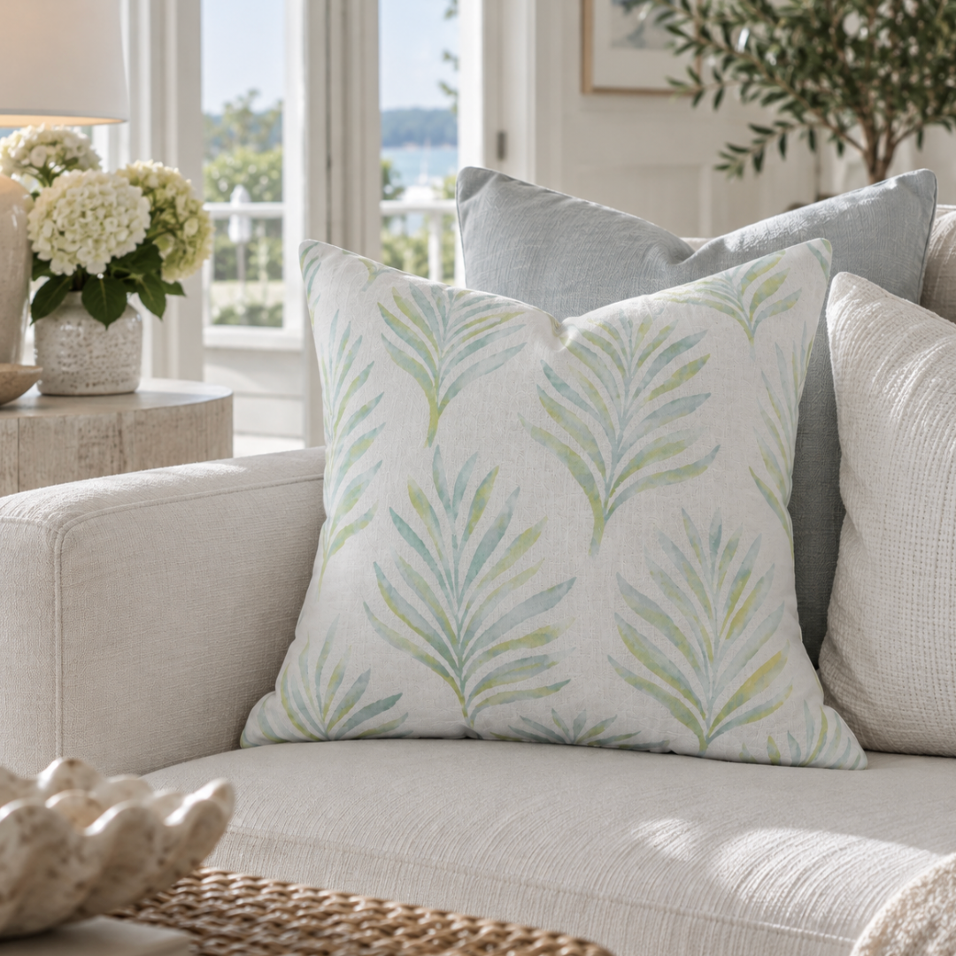 Blue and green palm leaf throw pillow for coastal home decor