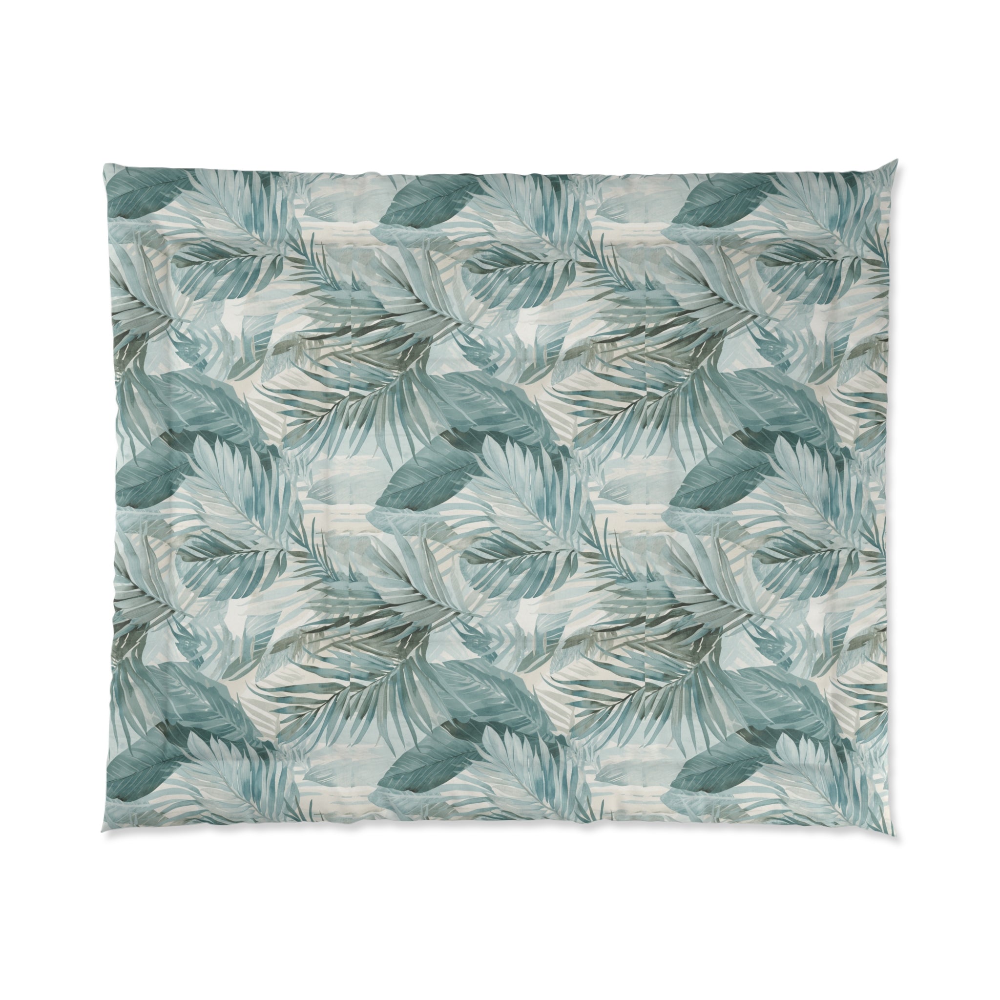 Blue and green palm leaf tropical comforter set for coastal bedding decor