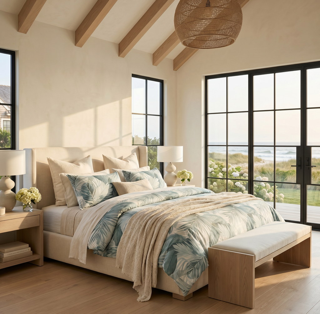  blue green palm leaf tropical comforter set styled in a bright beach house bedroom