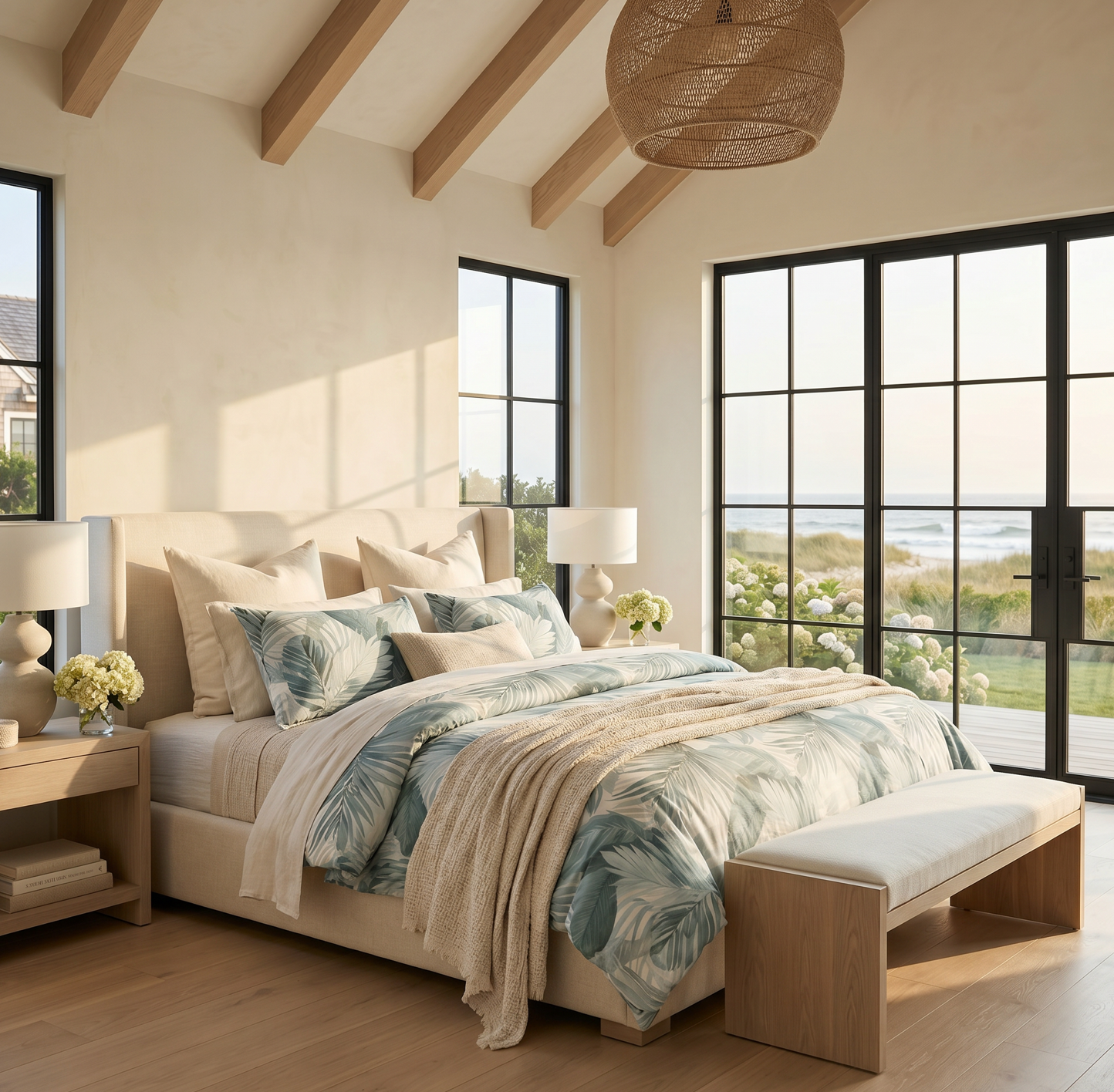  blue green palm leaf tropical comforter set styled in a bright beach house bedroom