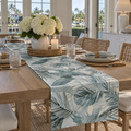 Blue and green palm tropical table runner for coastal decor