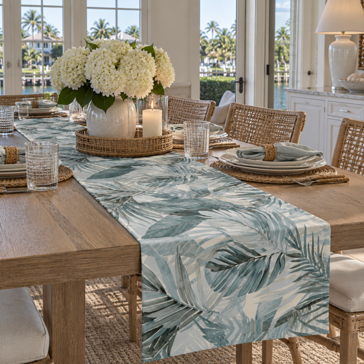 Blue and green palm tropical table runner for coastal decor