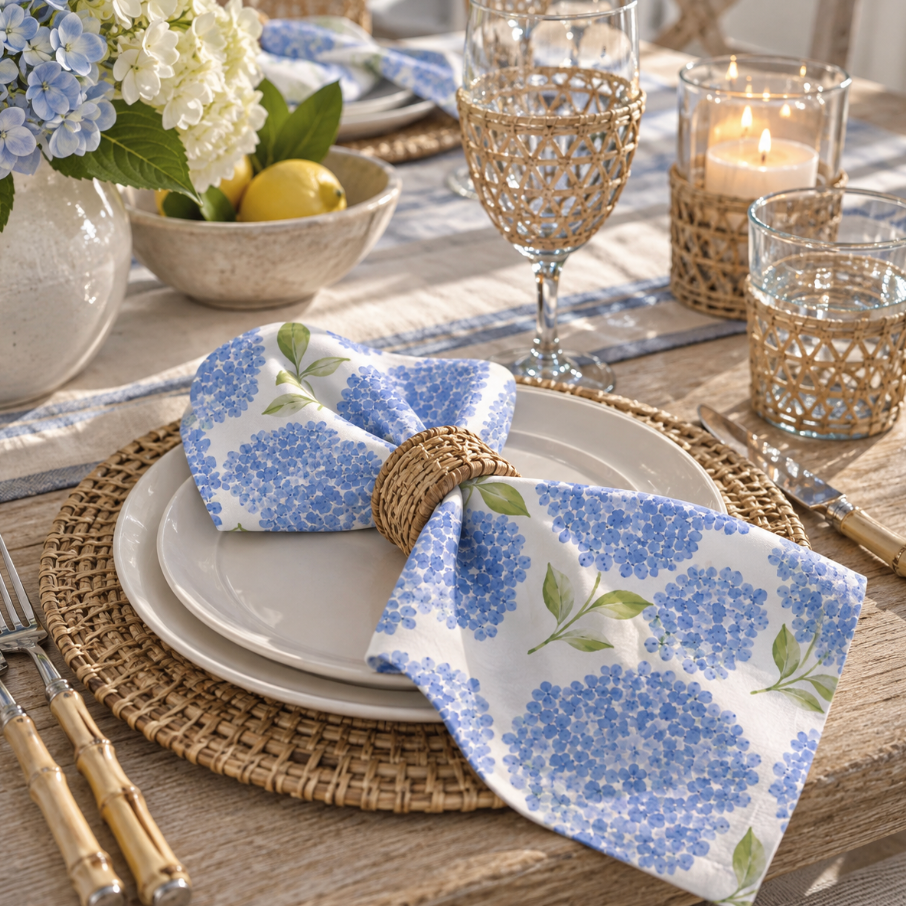Blue hydrangea coastal cloth napkins with watercolor flower clusters and green leaves on an ivory background