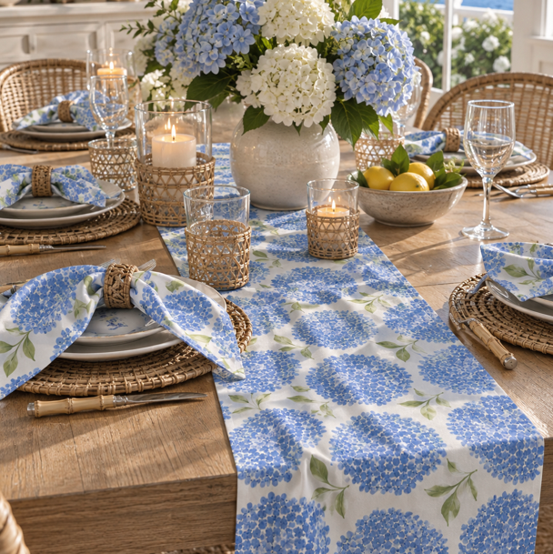 Blue hydrangea coastal table runner with watercolor flower clusters and green leaves on an ivory background
