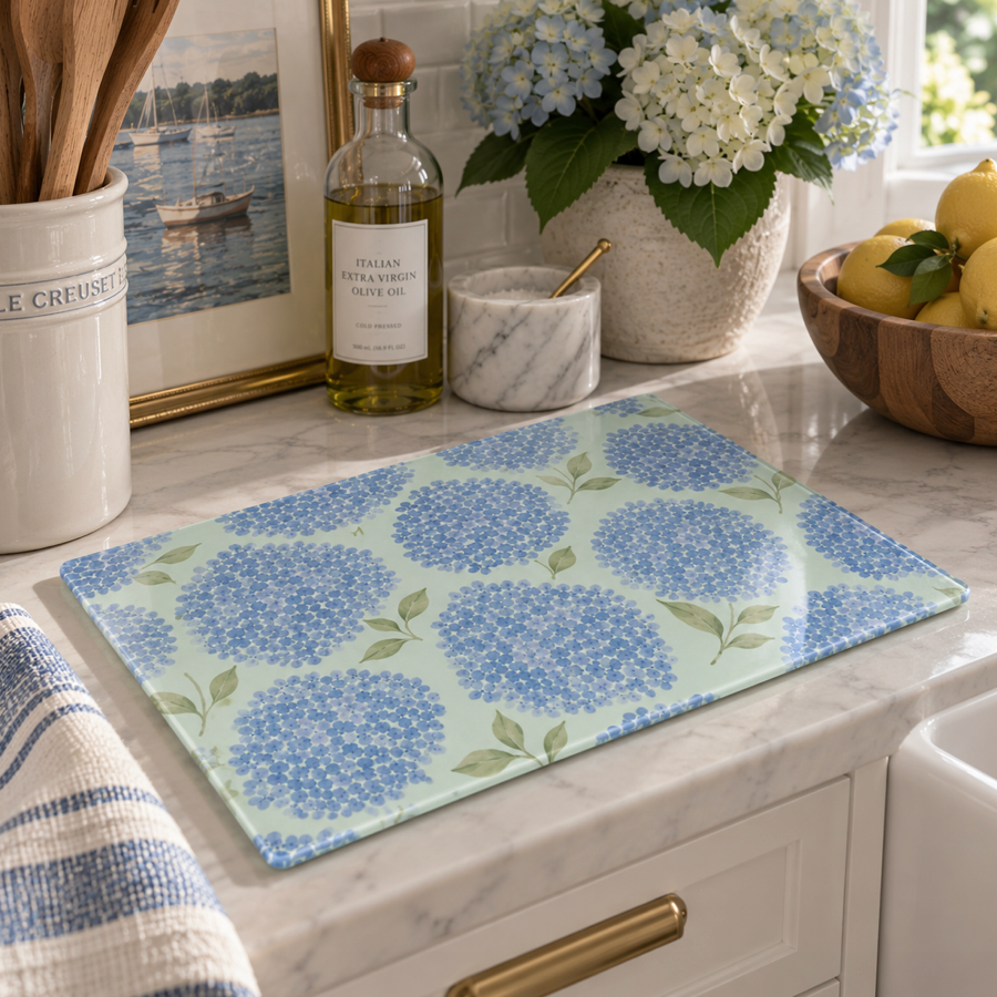 Blue hydrangea countertop decor board for a bright coastal kitchen, cottage pantry, or coffee bar