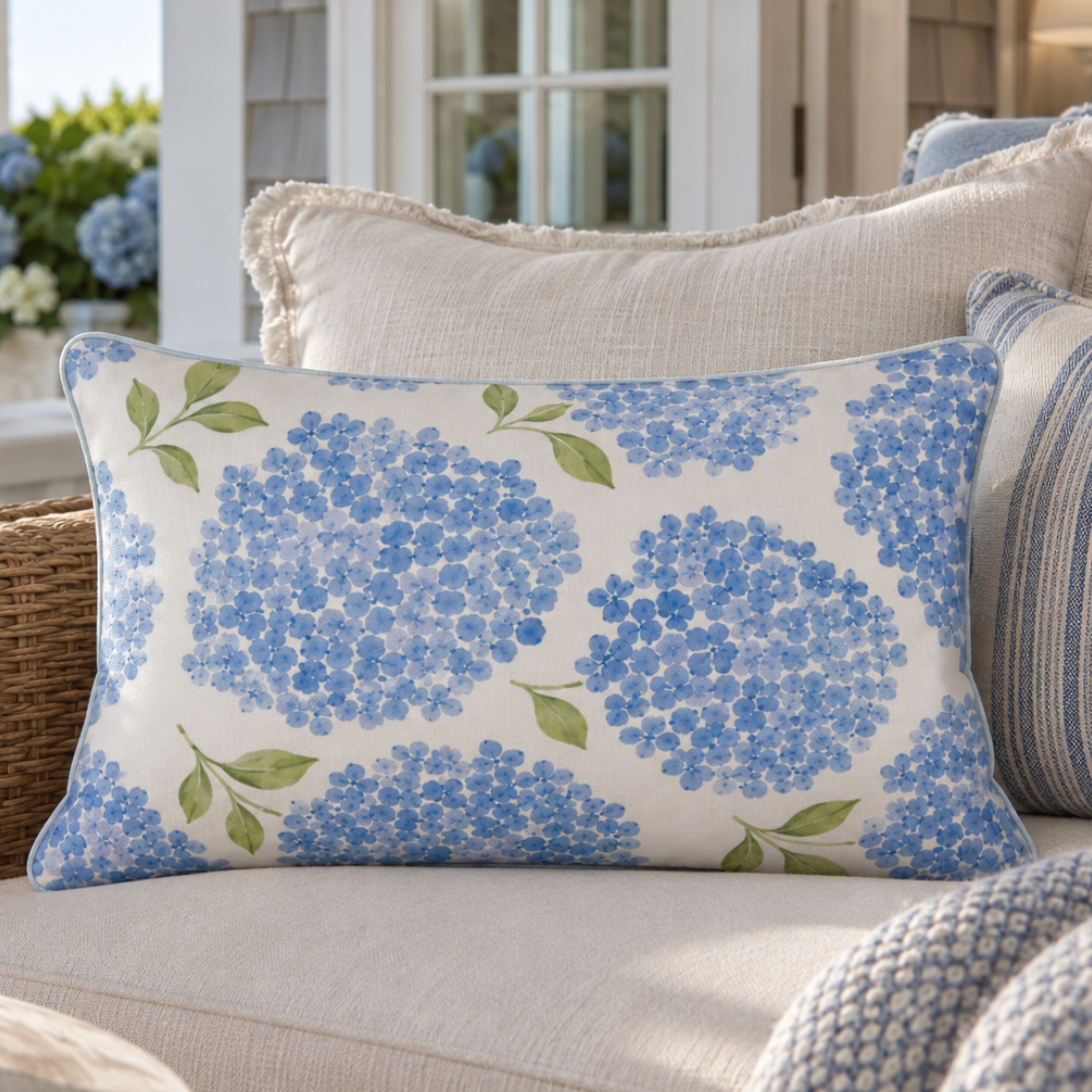 Blue hydrangea pillow for New England coastal home decor and classic beach cottage styling