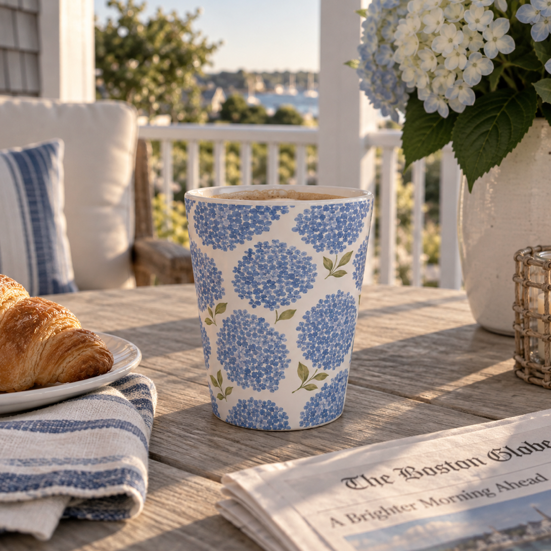 Blue hydrangea tea mug with watercolor blooms for a bright coastal kitchen or sunroom