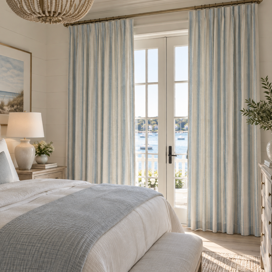 Blue and ivory striped coastal curtain panels with soft vertical stripes for a beach house bedroom