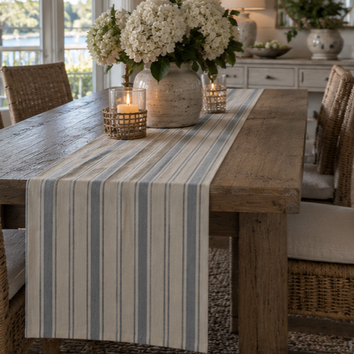 Blue and ivory striped table runner with narrow gray accent stripes for relaxed coastal dining decor