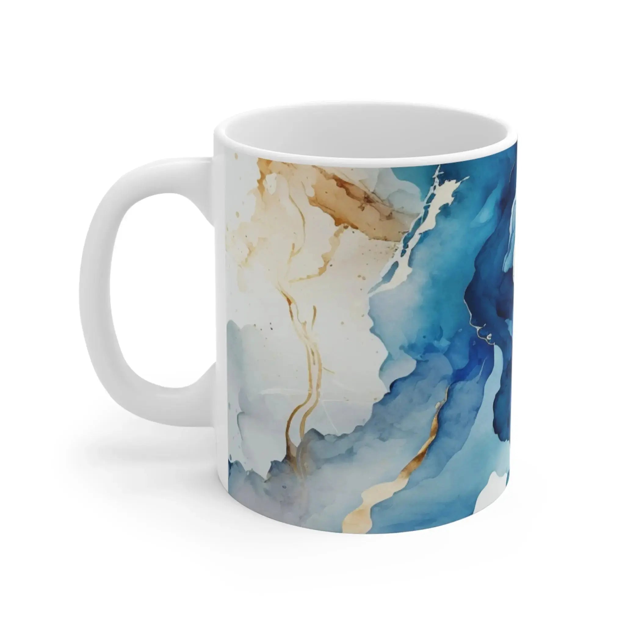 Side view of blue marble coffee mug showing handle and design.