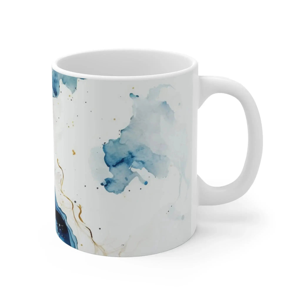 Closeup of blue marble pattern on ceramic coffee mug.