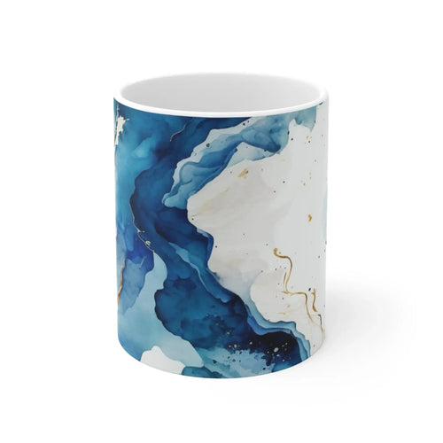Blue marble coffee mug with modern swirling pattern.