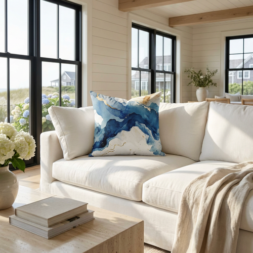 Abstract blue and white marble print decorative pillow styled on a cream couch in a modern living room.
