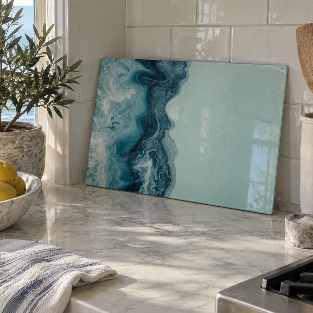 Blue ocean wave glass cutting board for a coastal kitchen