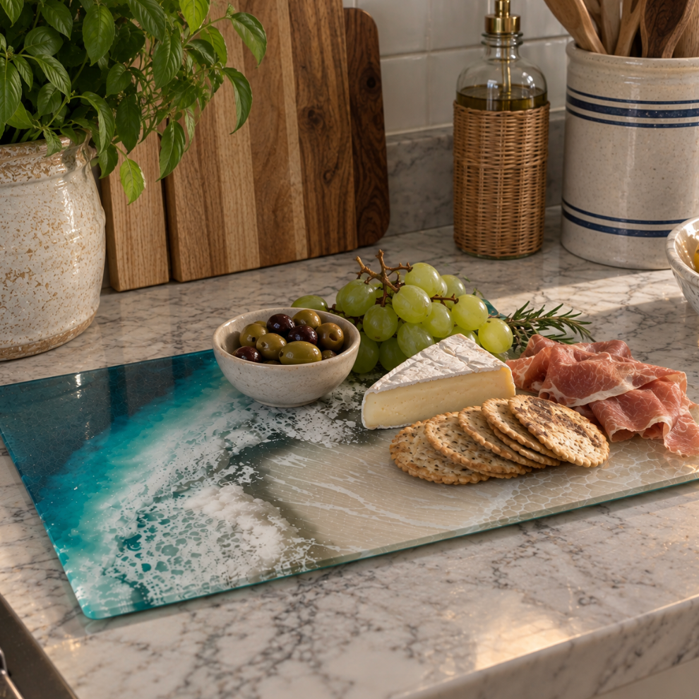 Blue ocean wave glass serving tray for coastal home decor