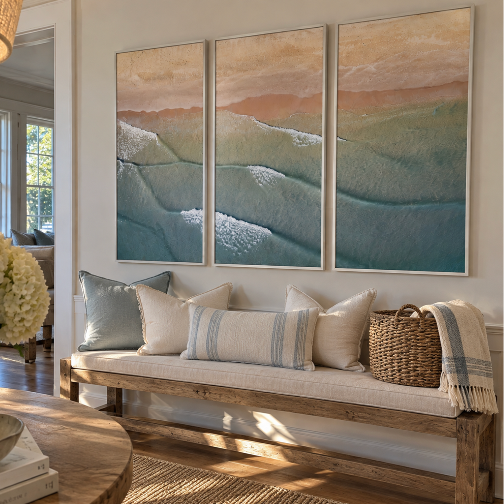 Blue ocean waves canvas wall art inspired by the movement of the sea.