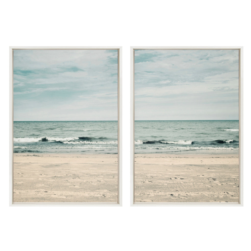 Pair of framed blue ocean wave artworks for a timeless coastal-inspired home.