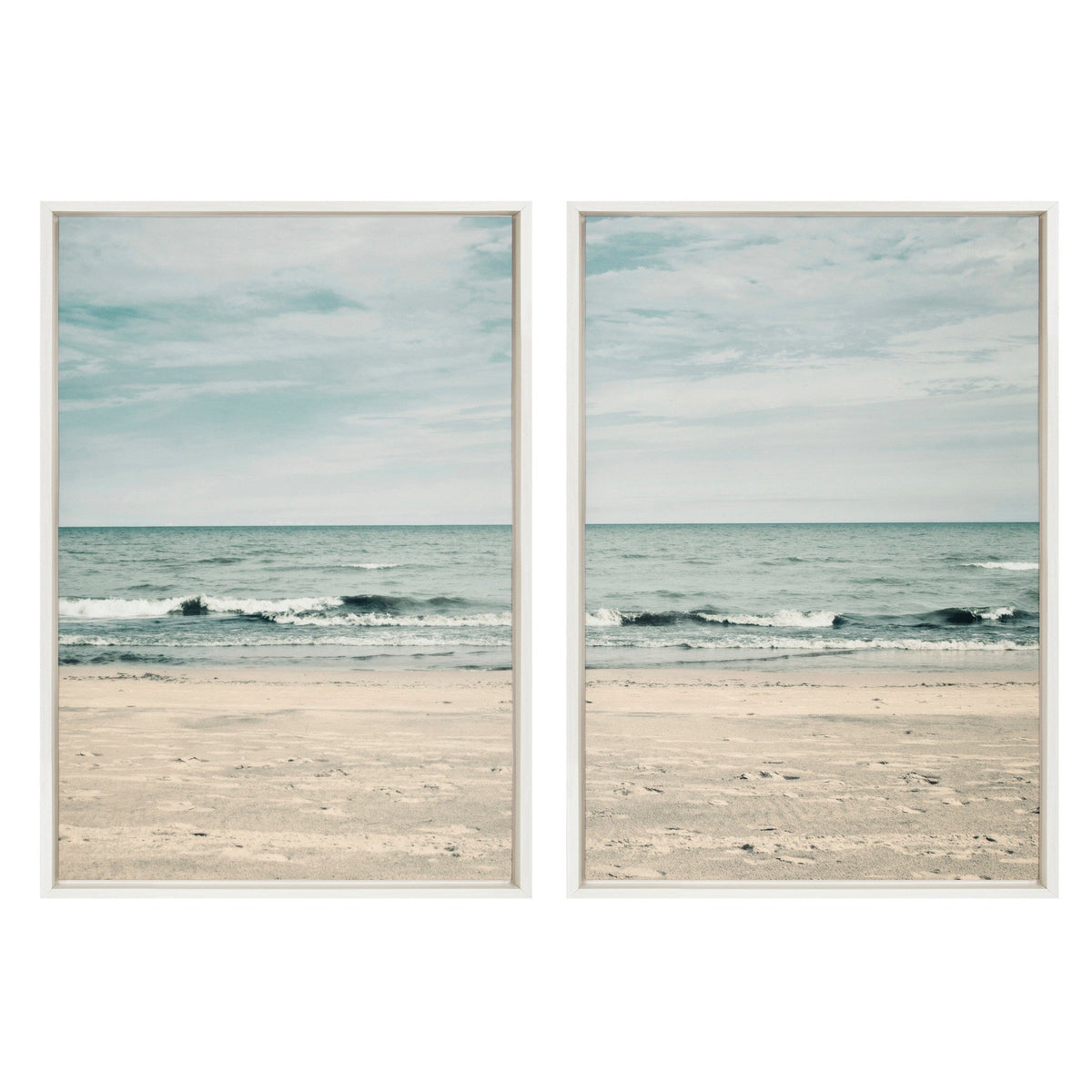 Pair of framed blue ocean wave artworks for a timeless coastal-inspired home.