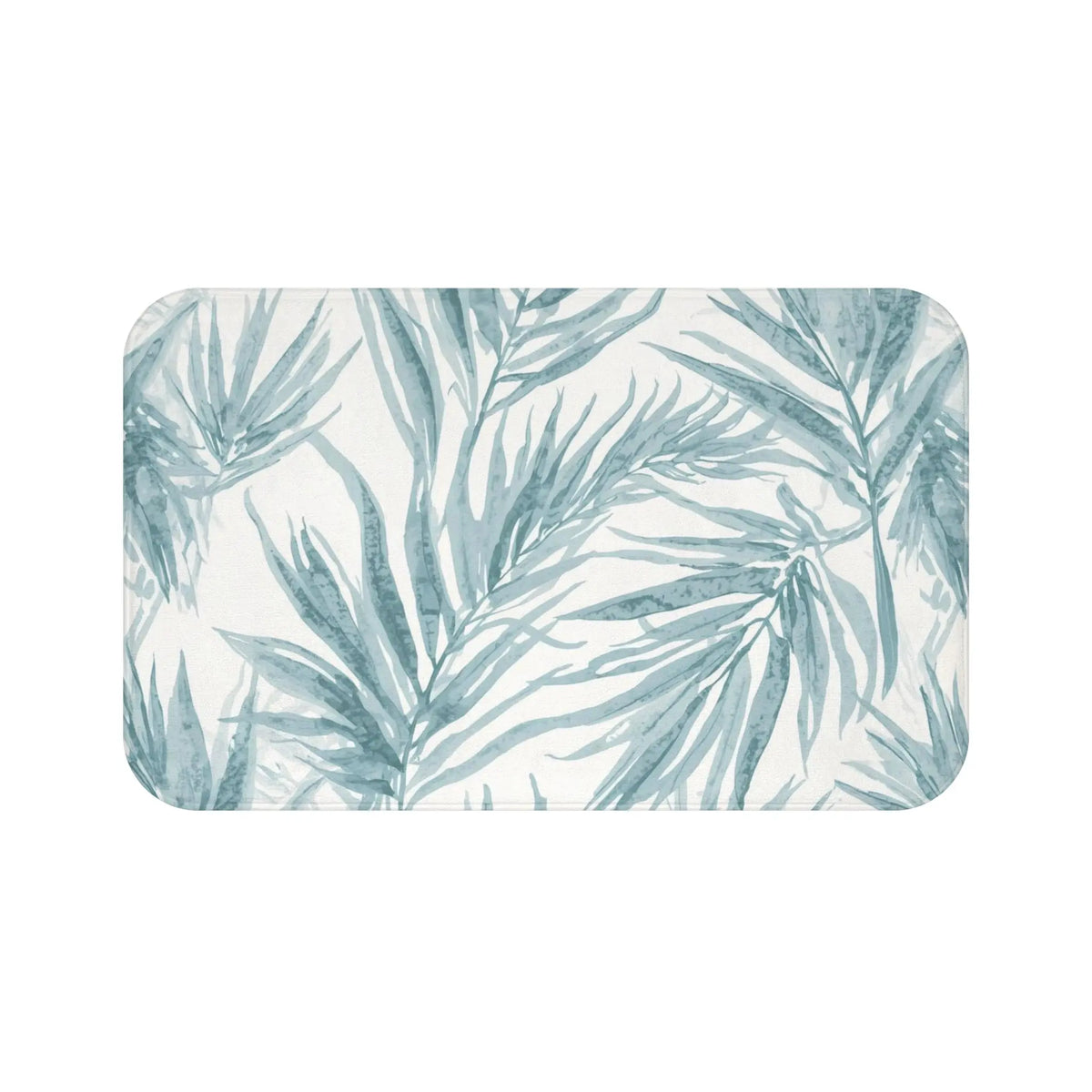 Blue palm bath mat for a beach house bathroom