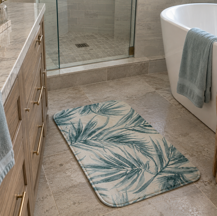 Blue palm bath mat for coastal bathroom decor
