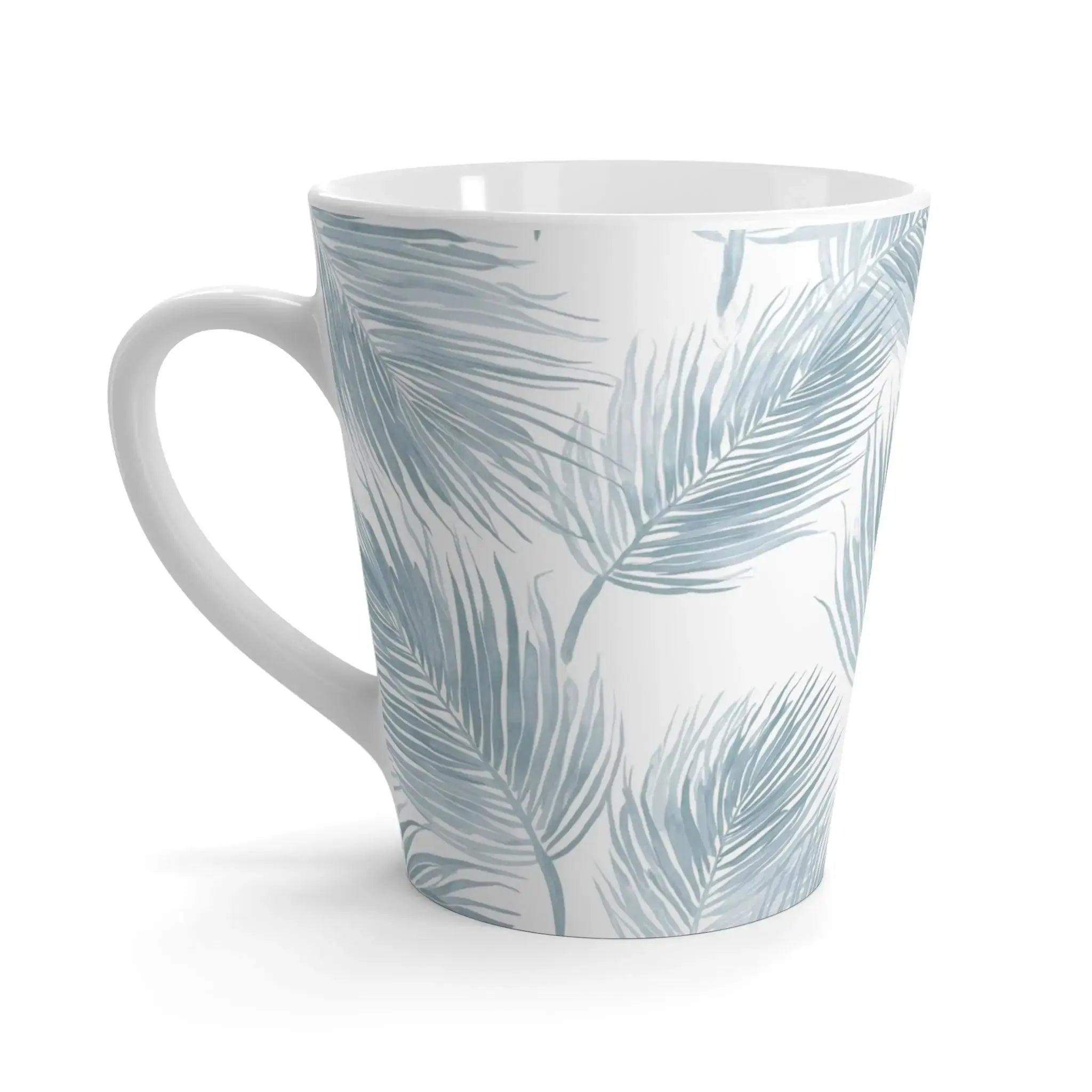 Blue palm coastal coffee mug with ocean-inspired palm tree pattern.