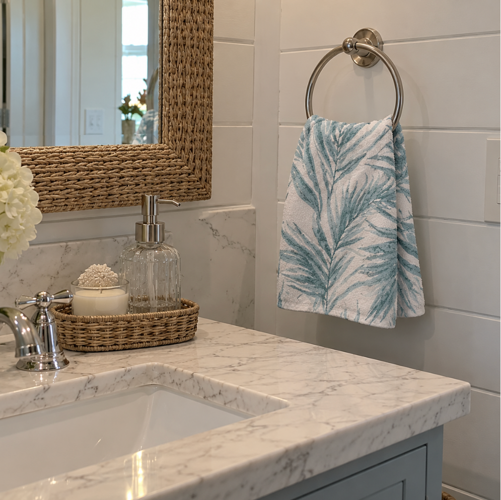 Blue palm face towel for coastal bathroom decor