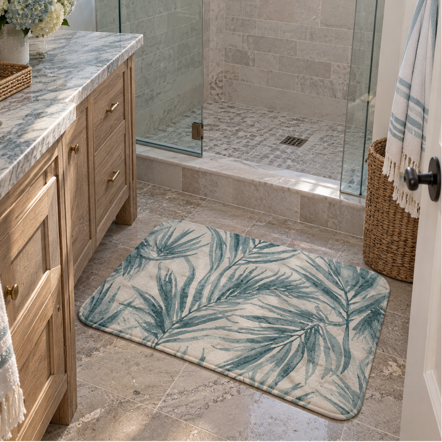 Blue palm leaf bathroom rug for coastal home decor