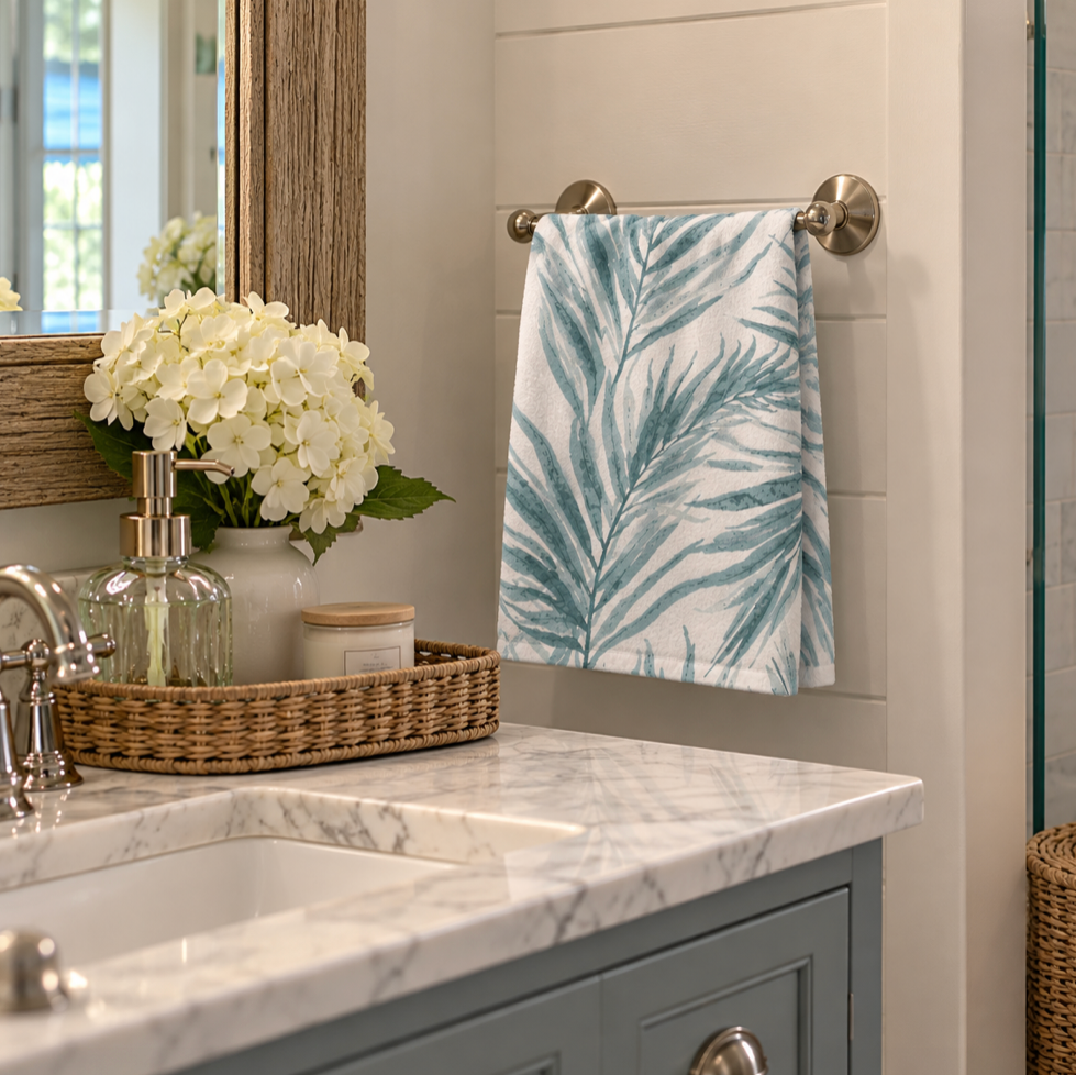 Blue palm leaf hand towel for a tropical bathroom