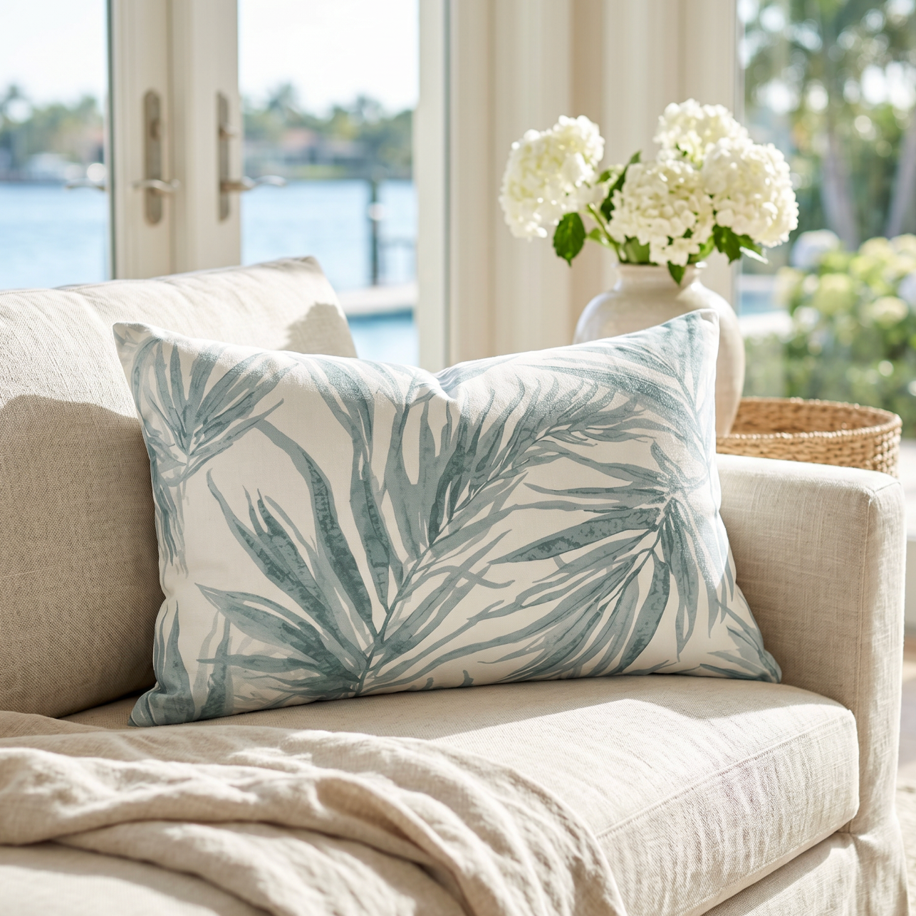 Blue palm leaf lumbar throw pillow for tropical, coastal, or beach house decor.