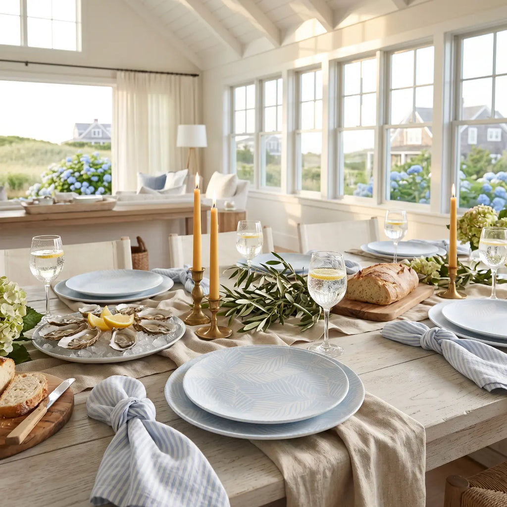 Blue palm ceramic dinner plate styled on a beach house dining table