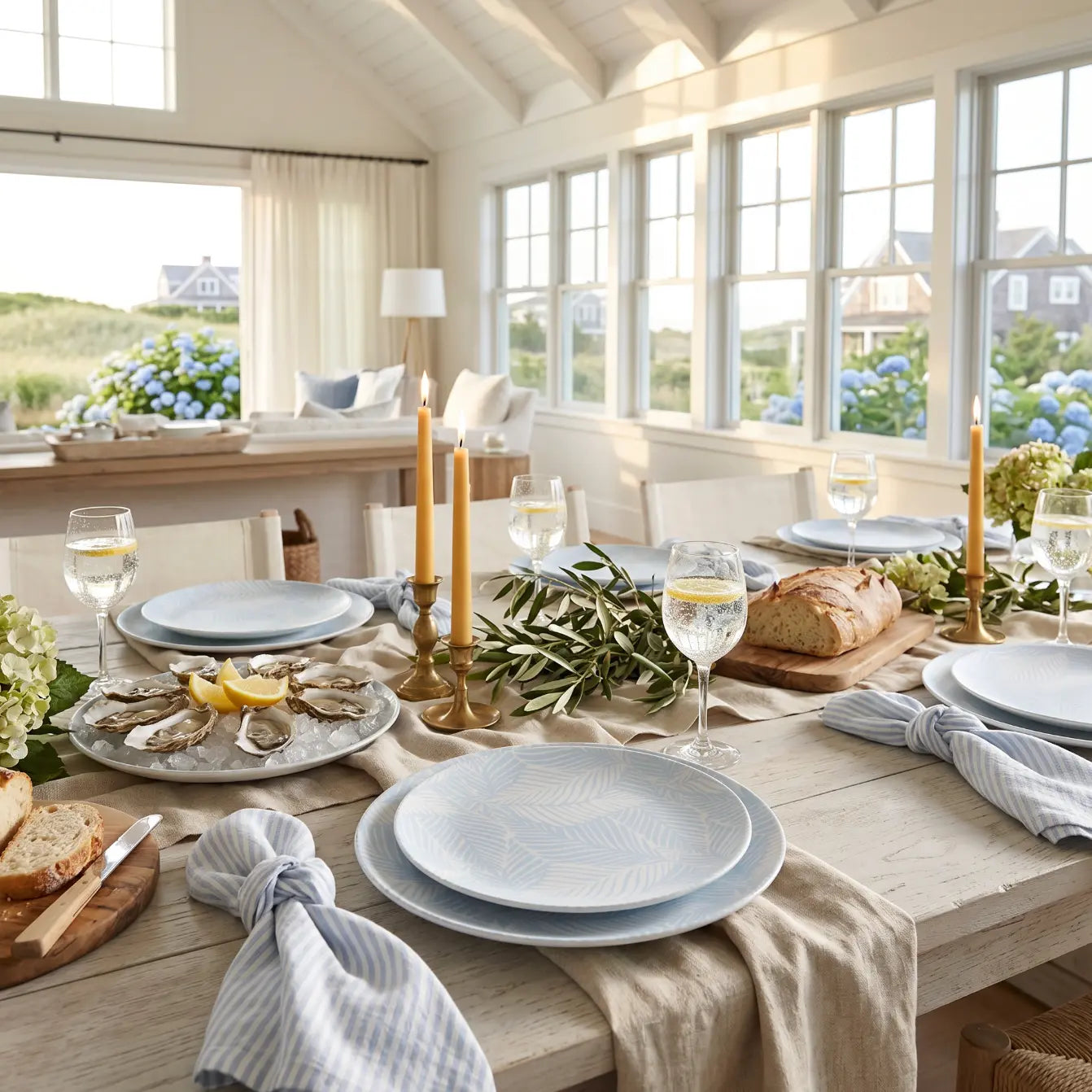 Blue palm ceramic dinner plate styled on a beach house dining table