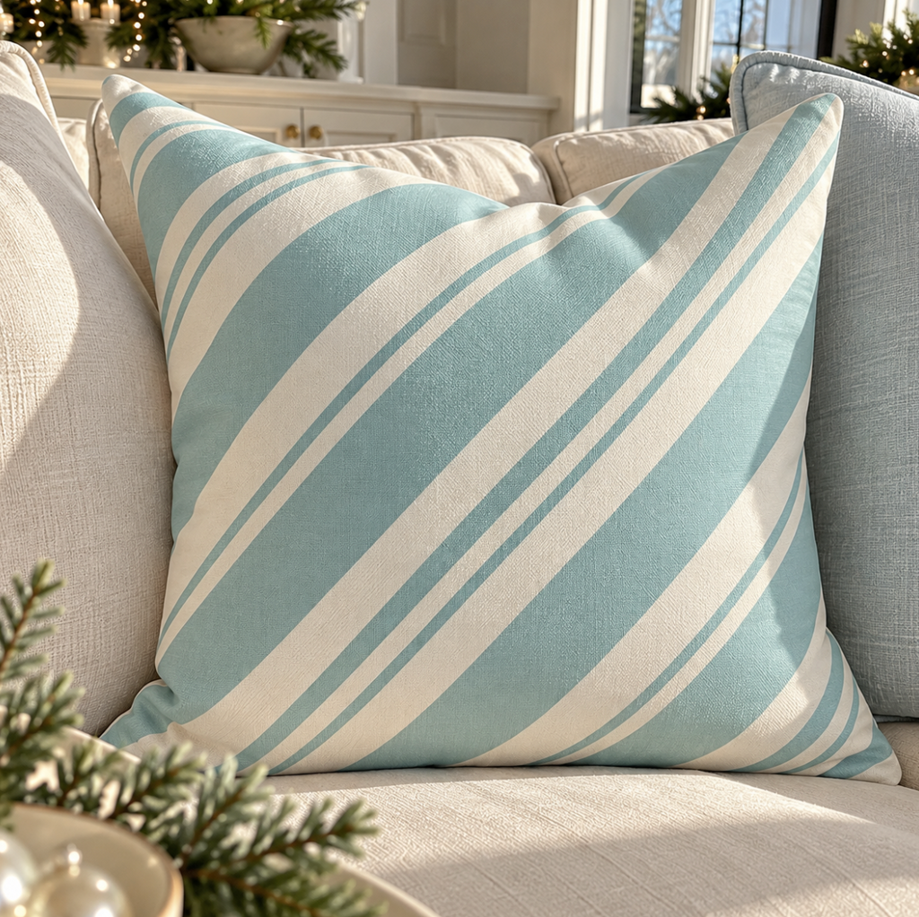 Seafoam blue and cream peppermint striped throw pillow for coastal Christmas decor