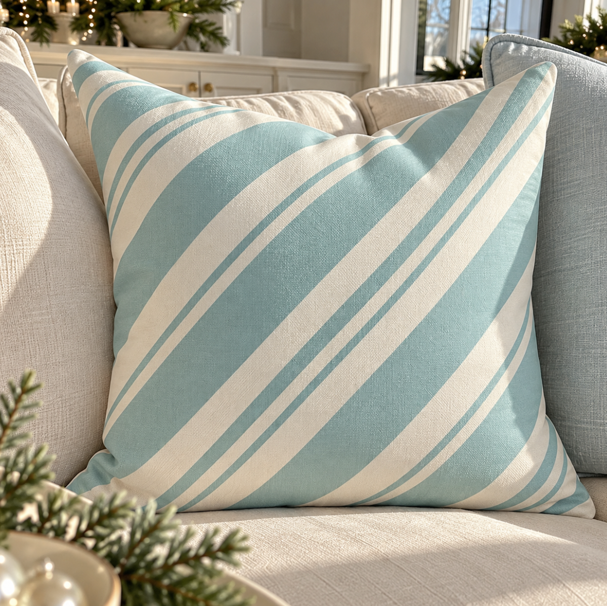 Seafoam blue and cream peppermint striped throw pillow for coastal Christmas decor