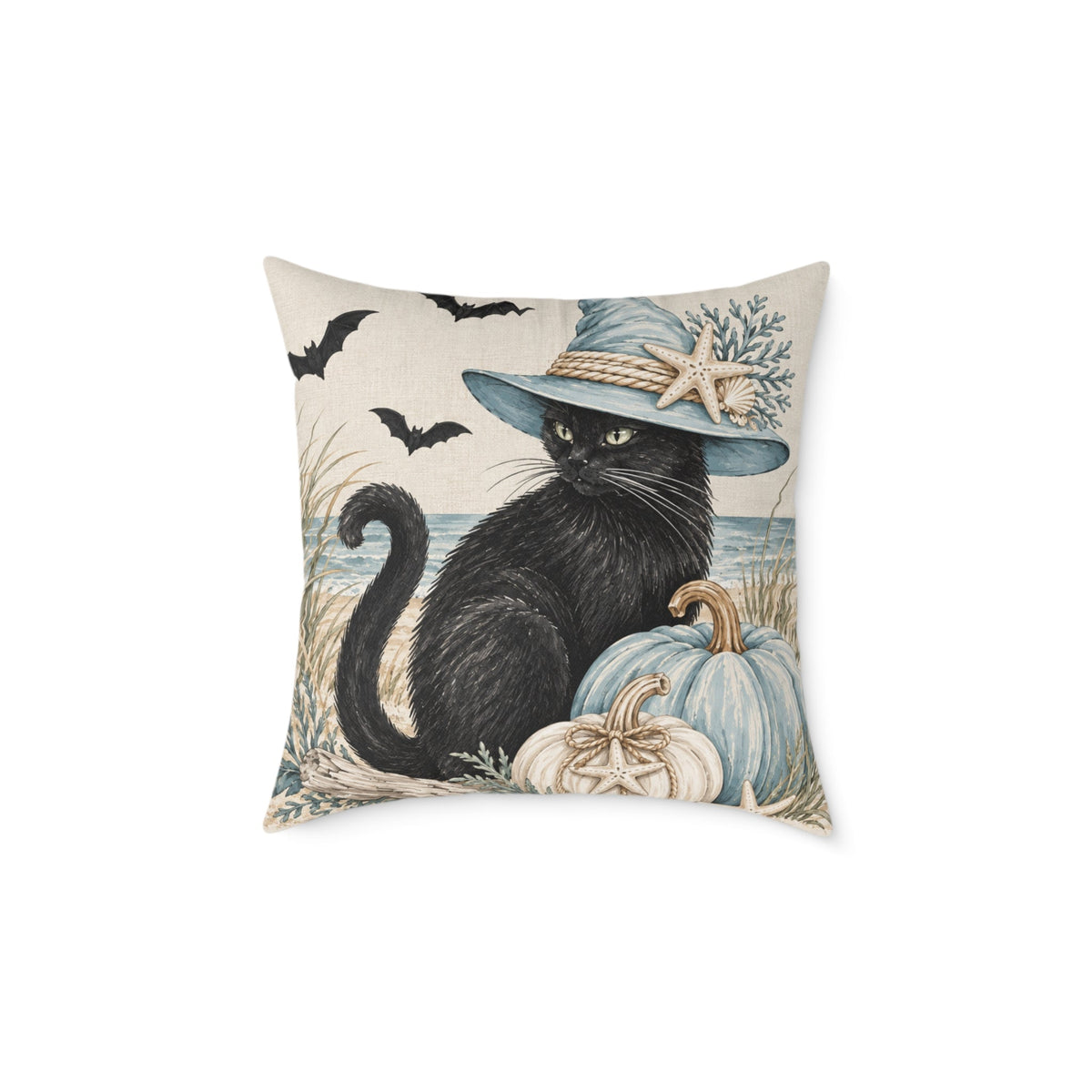 Blue pumpkin black cat Halloween pillow with a whimsical coastal autumn design