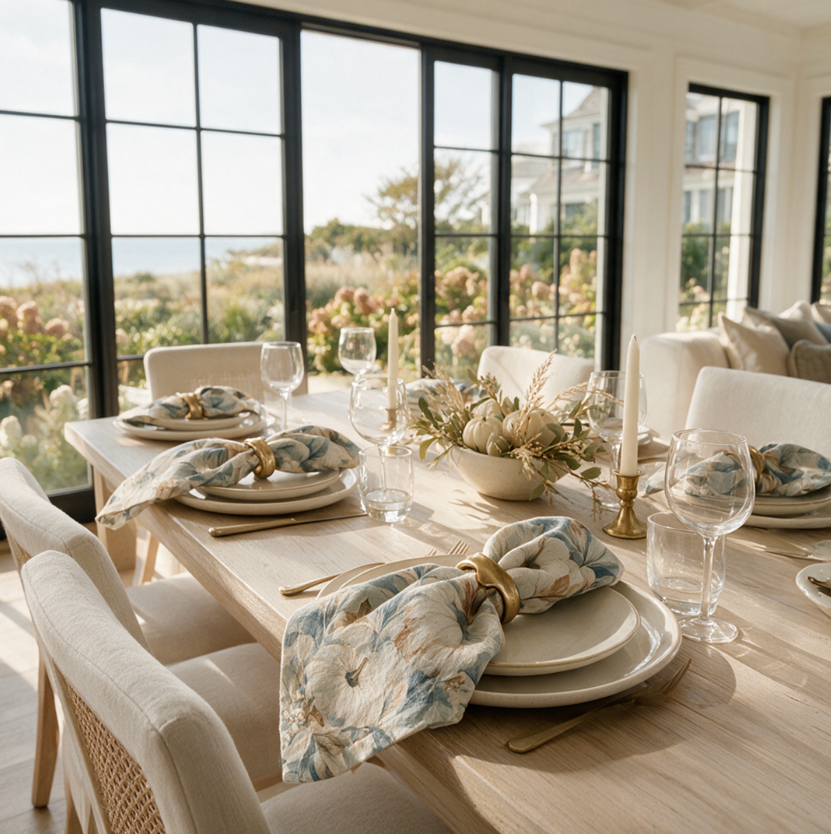 Blue and ivory botanical dinner napkins styled for an elegant coastal Thanksgiving table