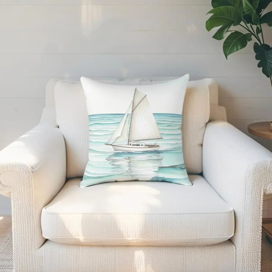 Nautical Sailboat Throw Pillow features a sailboat on turquoise waves, resting on a white armchair.
