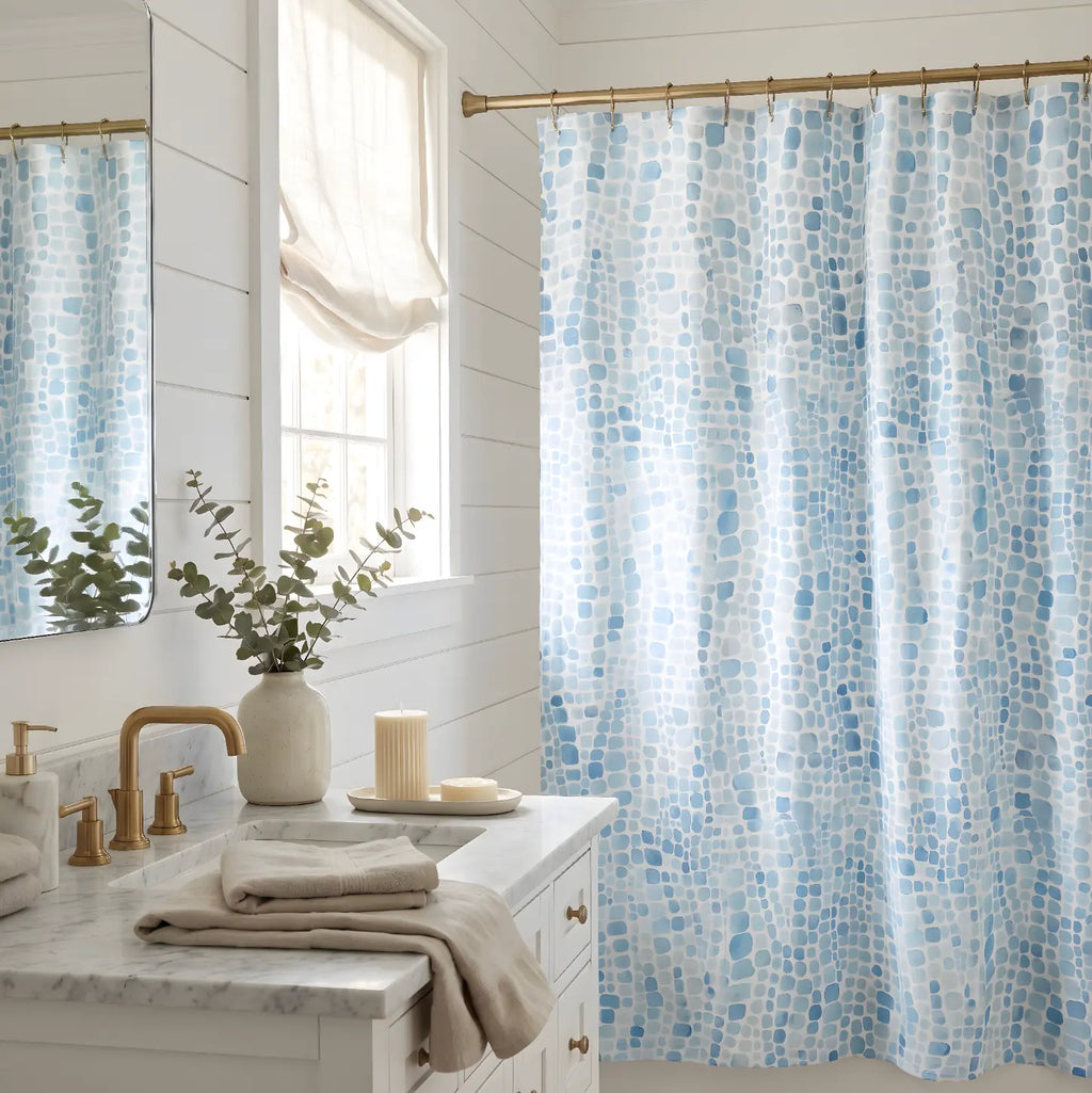 Blue sea glass shower curtain with soft coastal pattern