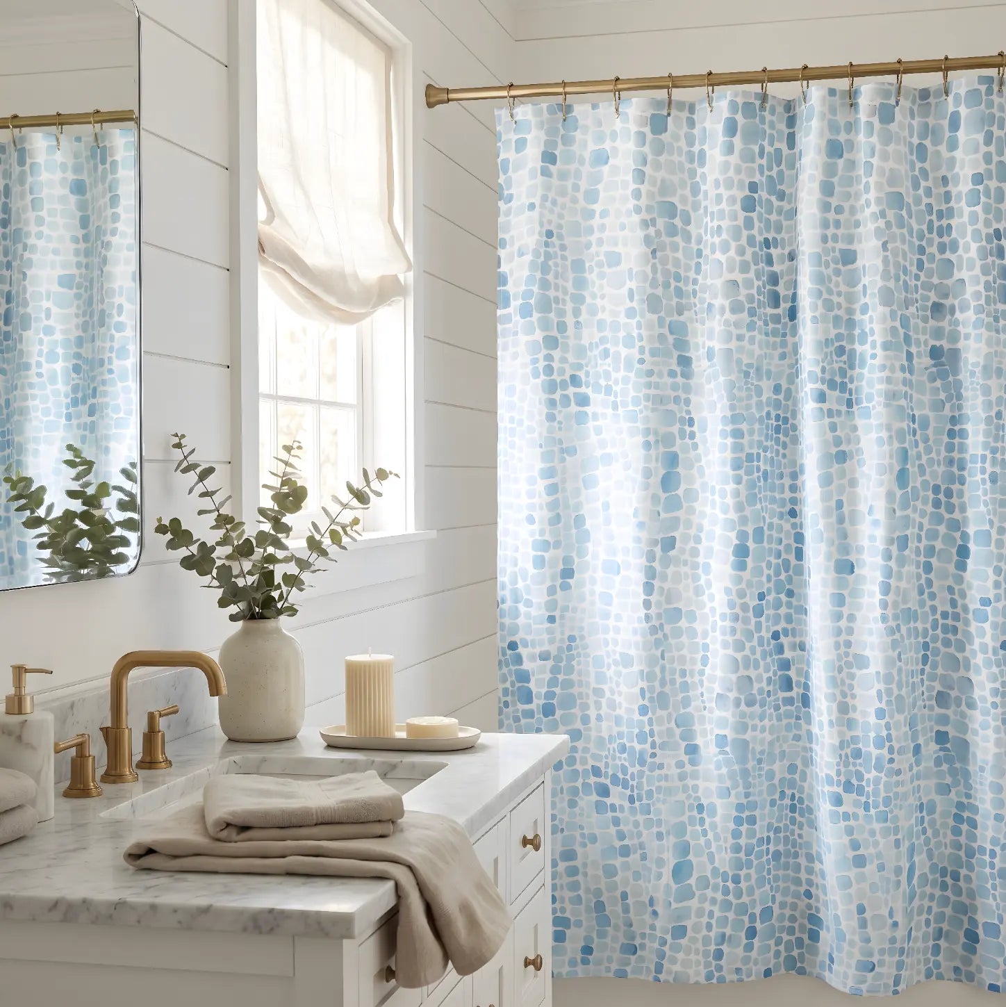 Blue sea glass shower curtain with soft coastal pattern