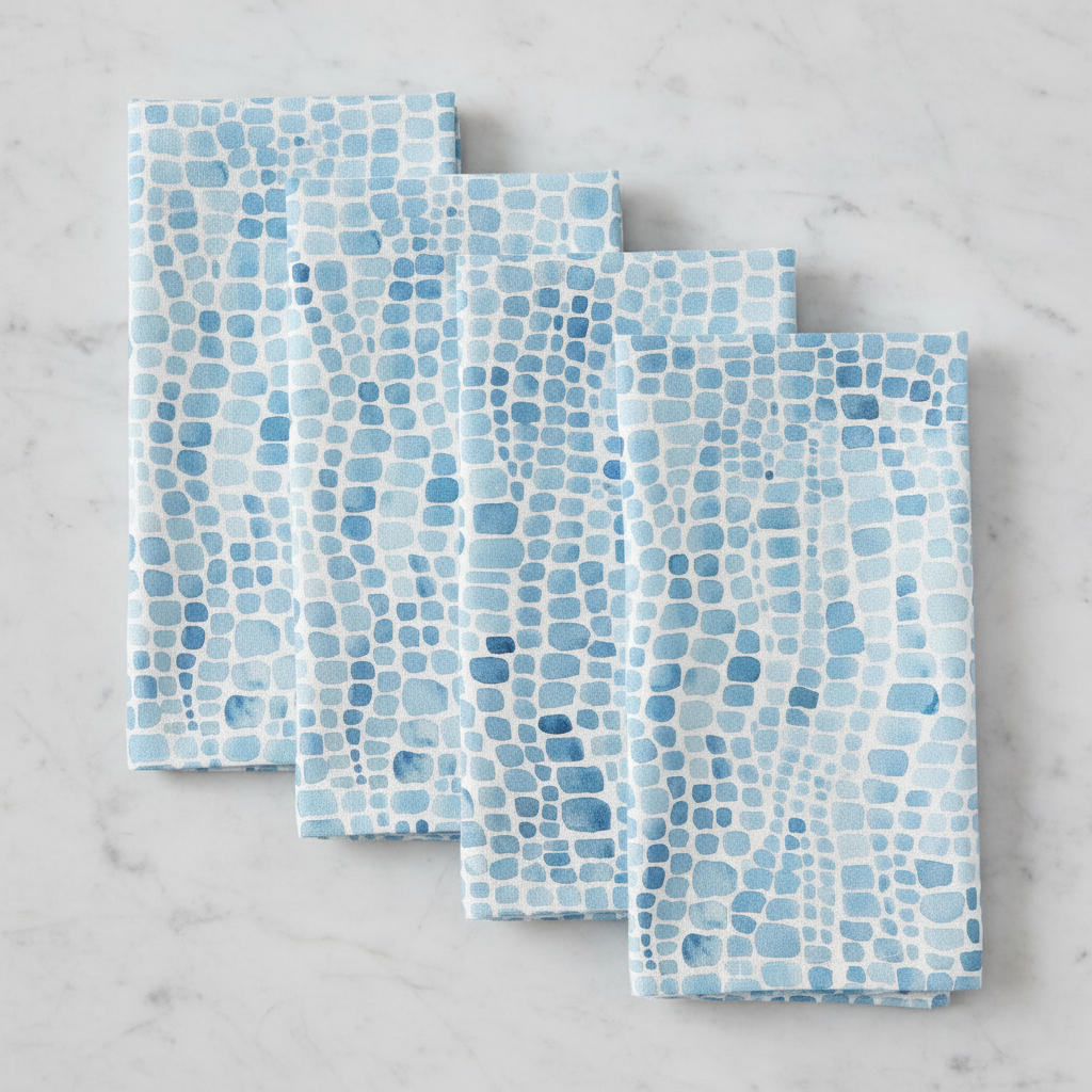 Blue seaglass print cloth dinner napkins for beach house and coastal table decor.