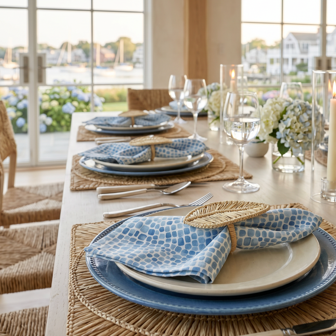 Set of 4 blue seaglass pattern linen dinner napkins folded on a neutral coastal dining table